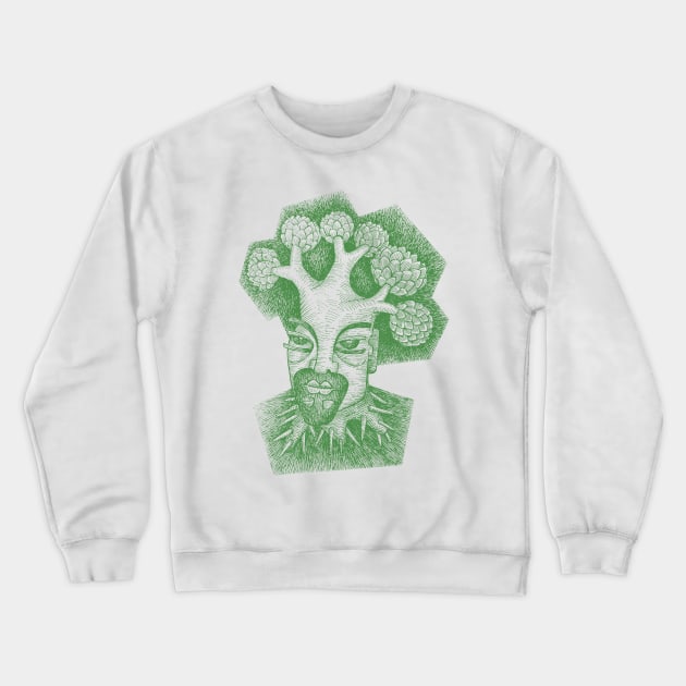 Forest God Soul Expression with Side Profile of a Man and His Head with Leafy Tree Branches Hand Drawn Illustration with Pen and Ink Cross Hatching Technique 3 Crewneck Sweatshirt by GeeTee